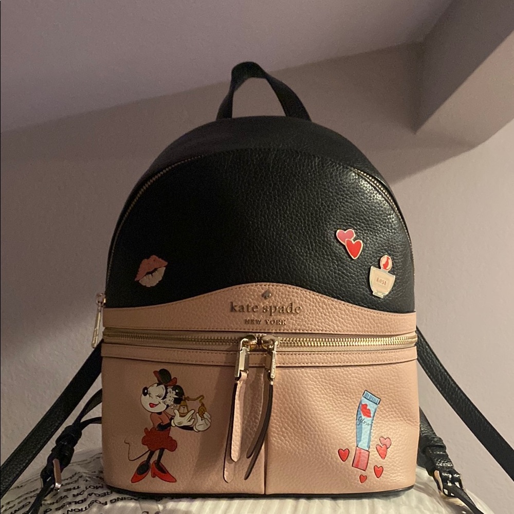 Used Kate Spade Disney Minnie Mouse Black and Pink Backpack with Fun Patches